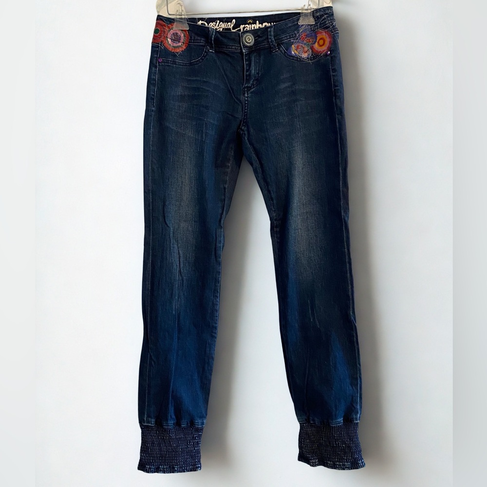 Desigual Rainbow Dark Blue Cropped Colorful Jeans Dont Worry Be Happy Sz 30